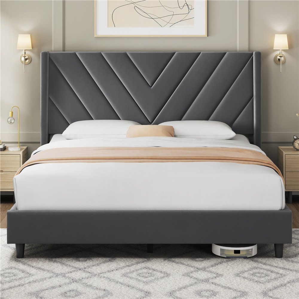 Alden Design Upholstered Platform Bed with Wingback Headboard – Image 14