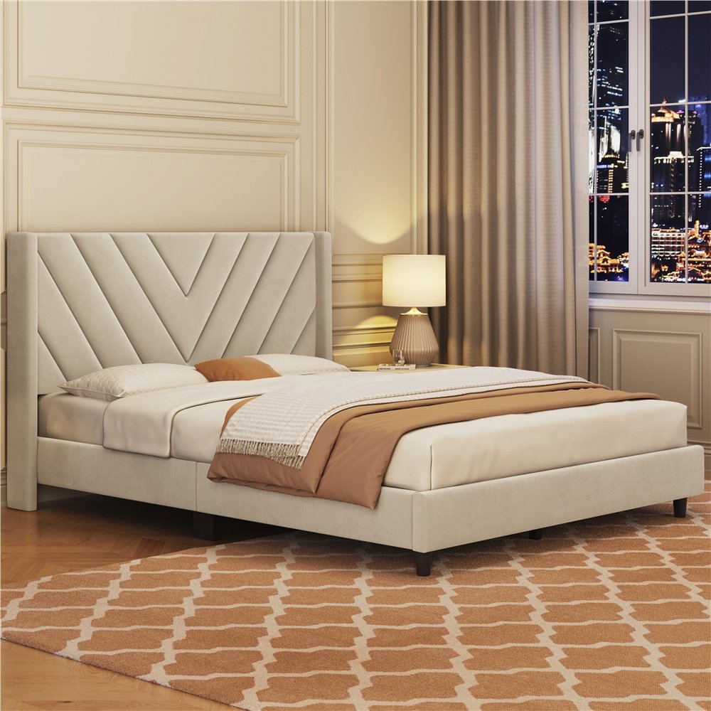 Alden Design Upholstered Platform Bed with Wingback Headboard – Image 3