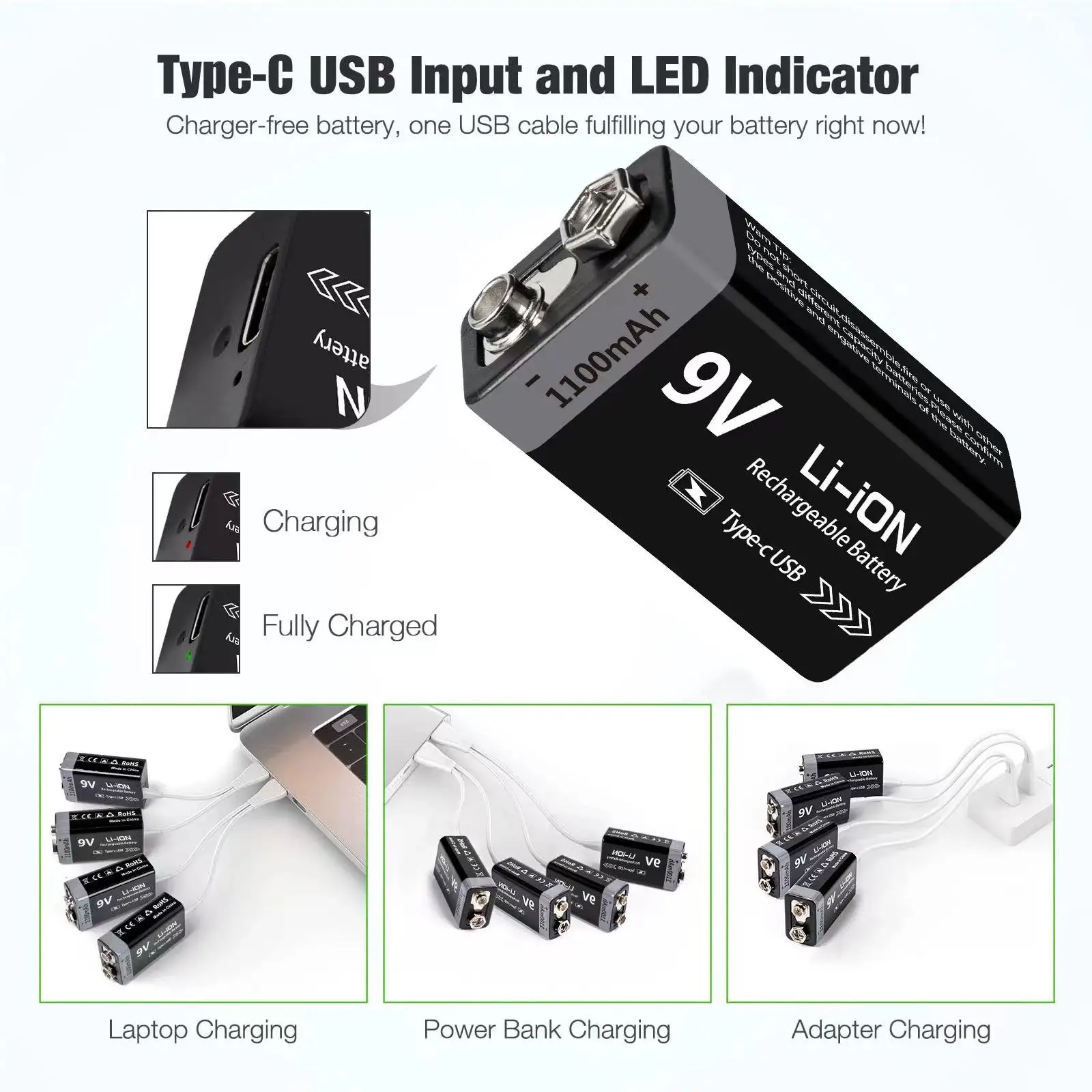 MATOV 9V USB Rechargeable Battery 1100mAh Type-C – Image 3