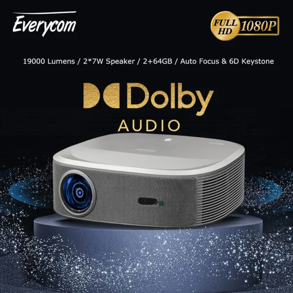 Everycom HQ10W 1080P Projector – 4K Support, 26000 Lumens, Android 12, Dolby Audio