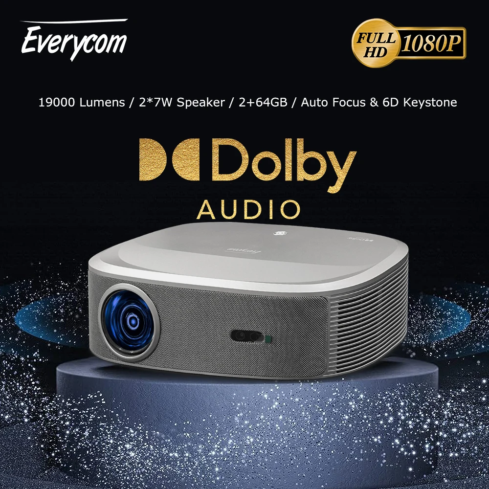 Everycom HQ10W 1080P Projector – 4K Support, 26000 Lumens, Android 12, Dolby Audio