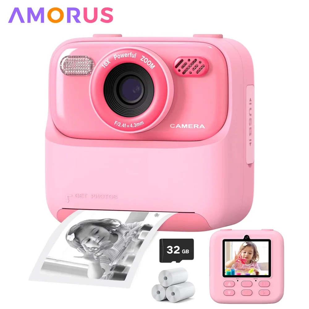 AMORUS Kids Instant Print Camera – 1080P Dual Lens, 32GB Gift