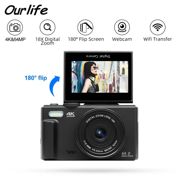 OURLIFE 4K Digital Camera – 48MP, 18X Zoom, WiFi Vlog Cam
