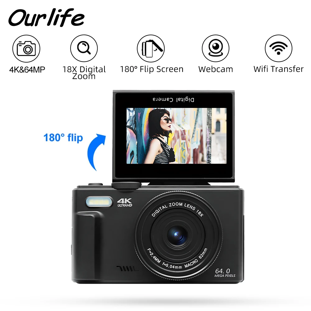 OURLIFE 4K Digital Camera – 48MP, 18X Zoom, WiFi Vlog Cam