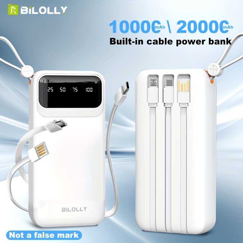 Portable Power Bank 10000mAh with Built-in Cables