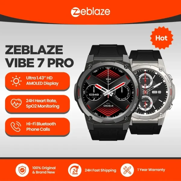 Zeblaze VIBE 7 PRO Smartwatch – 1.43” AMOLED Display, Voice Calling, Rugged Sports Watch for Men, IP68 Waterproof