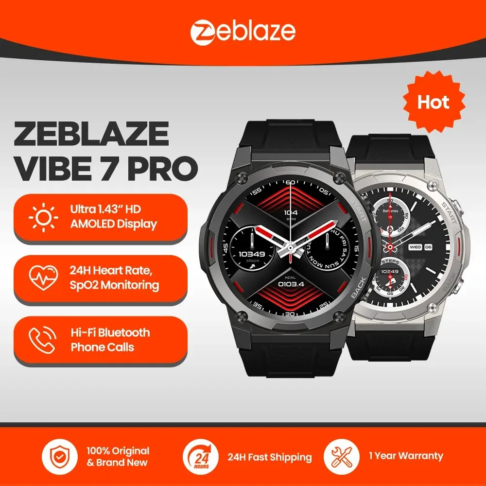 Zeblaze VIBE 7 PRO Smartwatch – 1.43” AMOLED Display, Voice Calling, Rugged Sports Watch for Men, IP68 Waterproof