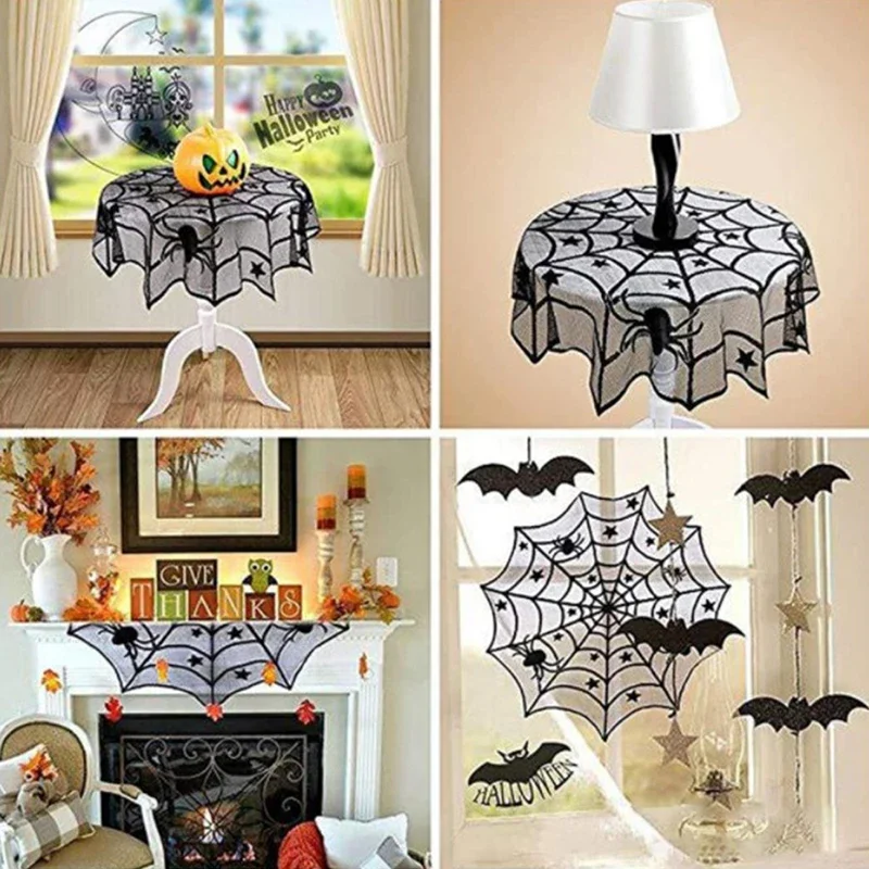 Halloween Lace Spider Web & Skull Tablecloth – Black Mantel Scarf Decoration – Image 5