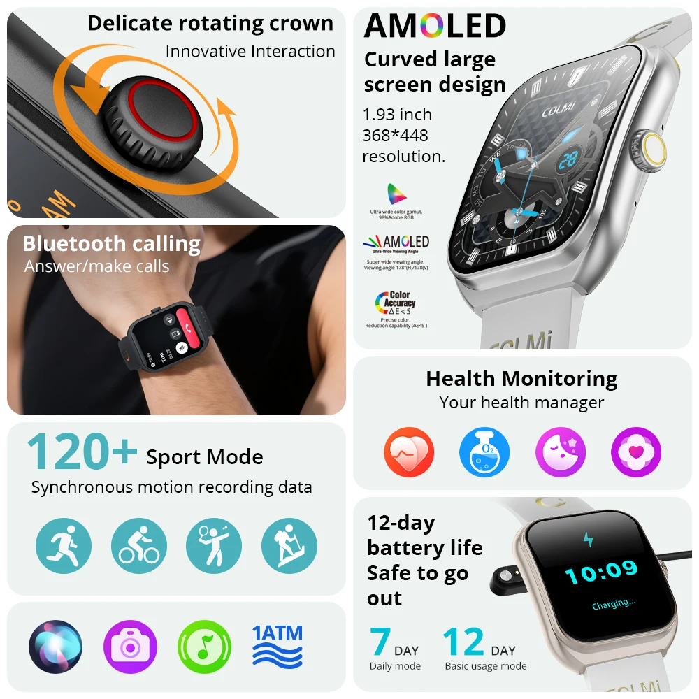 COLMI P86 Smartwatch – 1.93” Curved AMOLED Display, Bluetooth Calls, Health & Fitness Manager, IP68 Waterproof – Image 2