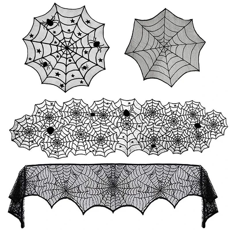 Halloween Lace Spider Web & Skull Tablecloth – Black Mantel Scarf Decoration – Image 2