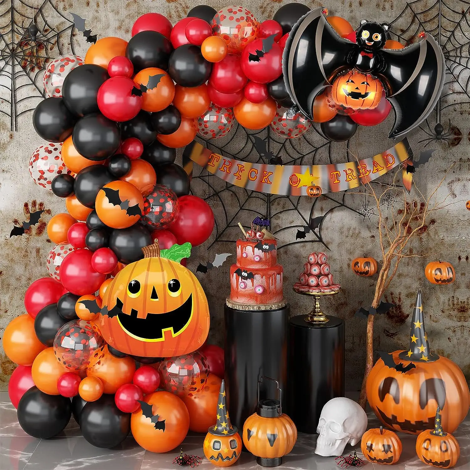 Halloween Balloon Garland Kit – Bat, Spider & Black Orange Confetti Balloons