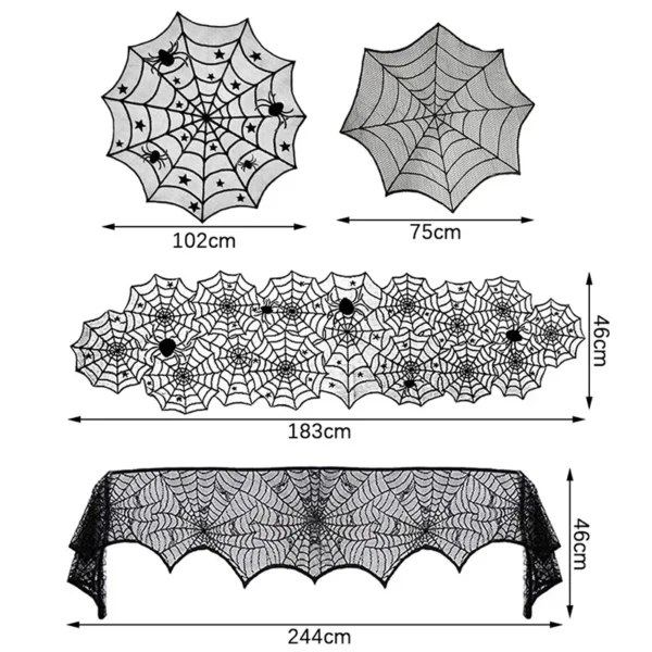Halloween Lace Spider Web & Skull Tablecloth – Black Mantel Scarf Decoration – Image 6
