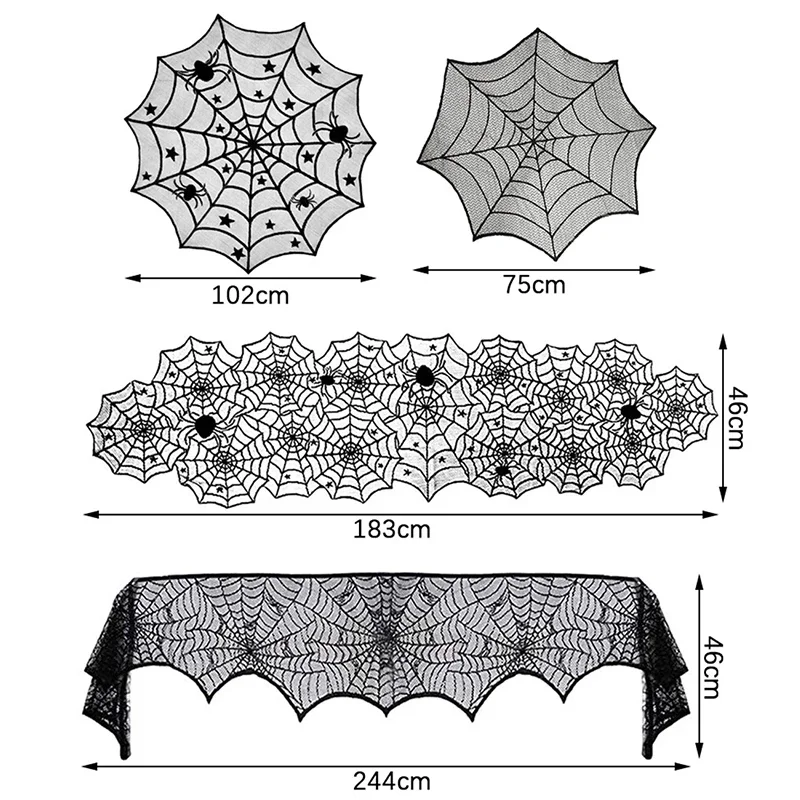 Halloween Lace Spider Web & Skull Tablecloth – Black Mantel Scarf Decoration – Image 6