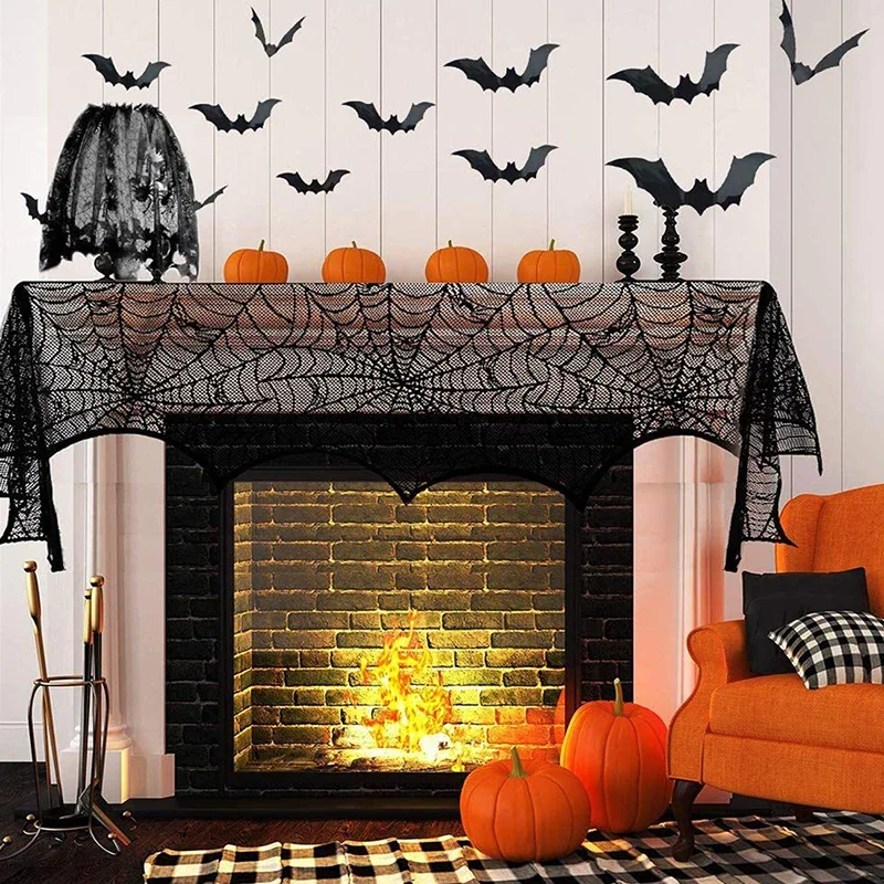 Halloween Lace Spider Web & Skull Tablecloth – Black Mantel Scarf Decoration – Image 4