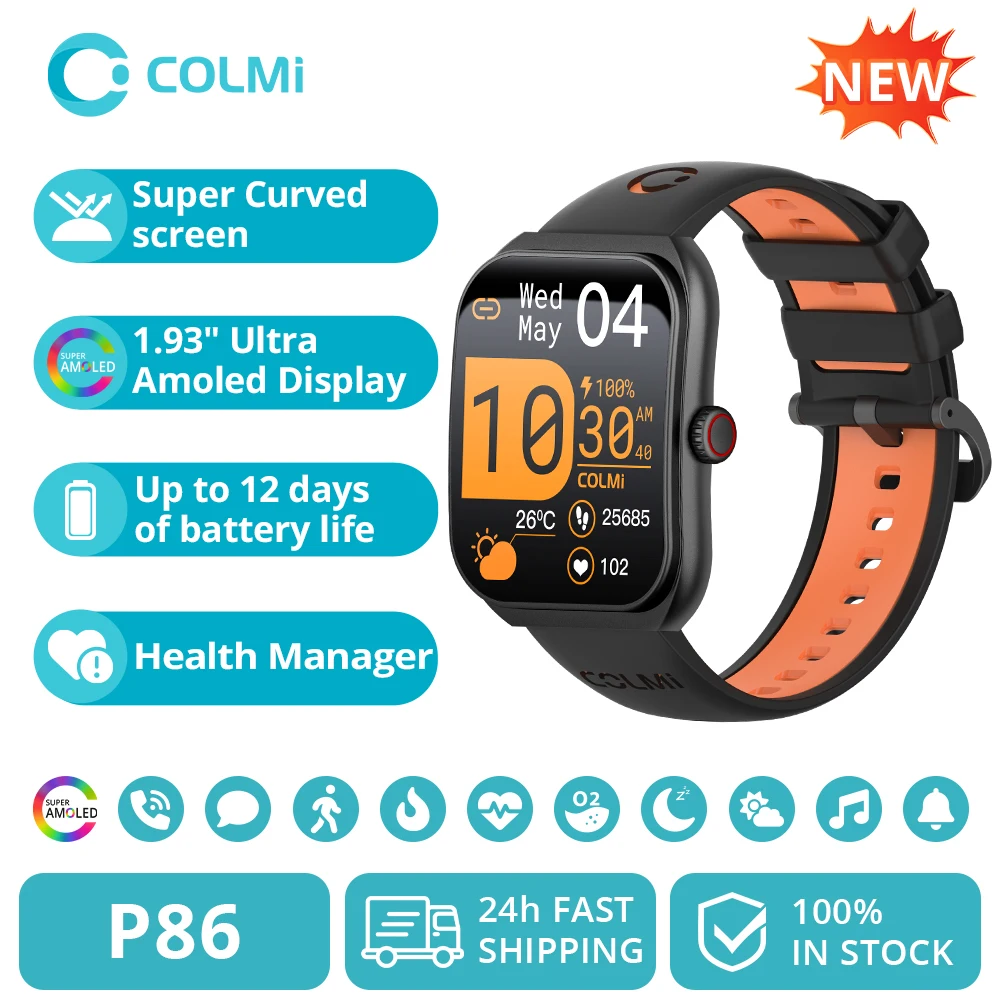 COLMI P86 Smartwatch – 1.93” Curved AMOLED Display, Bluetooth Calls, Health & Fitness Manager, IP68 Waterproof