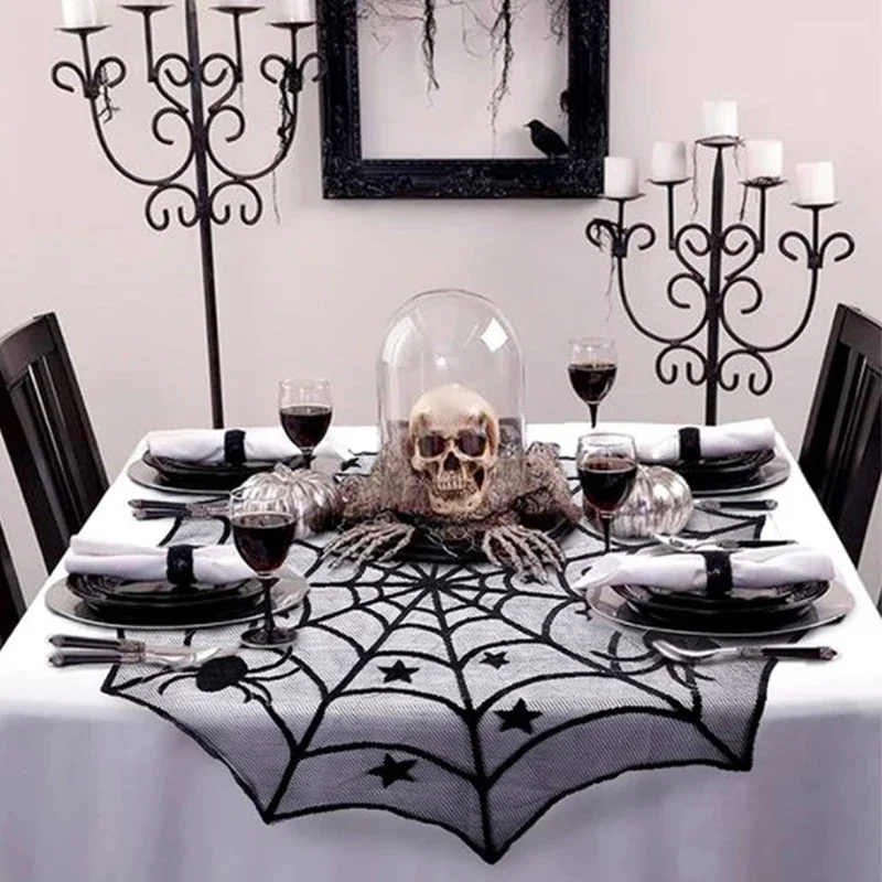 Halloween Lace Spider Web & Skull Tablecloth – Black Mantel Scarf Decoration – Image 3