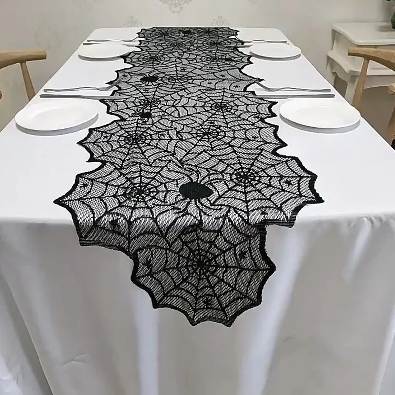 Halloween Lace Spider Web & Skull Tablecloth – Black Mantel Scarf Decoration
